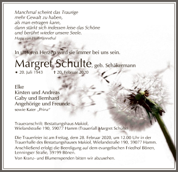 Traueranzeige von Margret Schulte von MZV