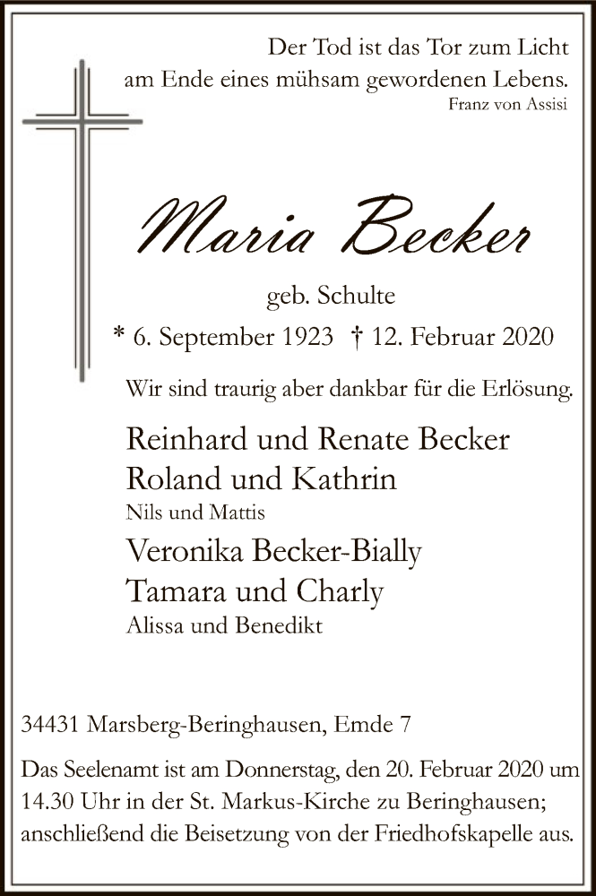  Traueranzeige für Maria Becker vom 15.02.2020 aus MZV