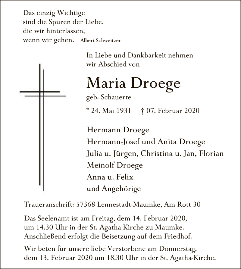  Traueranzeige für Maria Droege vom 12.02.2020 aus MZV