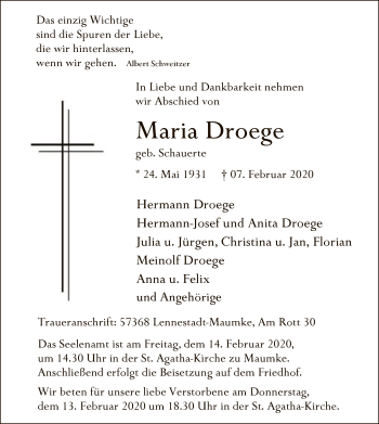 Traueranzeige von Maria Droege von MZV