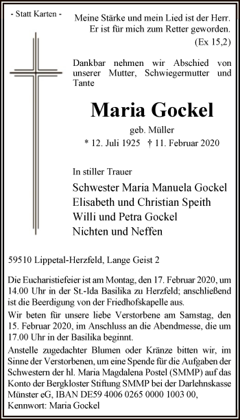 Traueranzeige von Maria Gockel von MZV