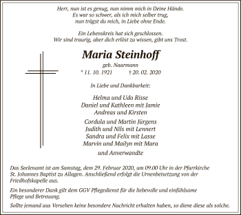 Traueranzeige von Maria Steinhoff von MZV