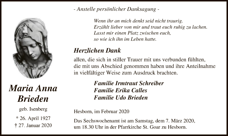  Traueranzeige für Maria Anna Brieden vom 29.02.2020 aus MZV