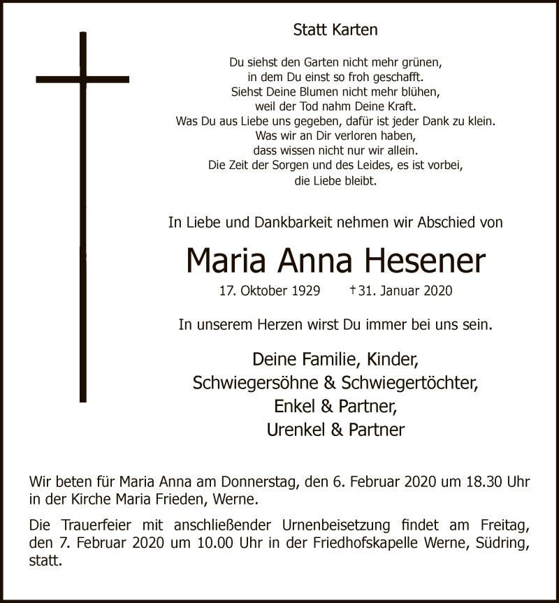  Traueranzeige für Maria Anna Hesener vom 04.02.2020 aus MZV