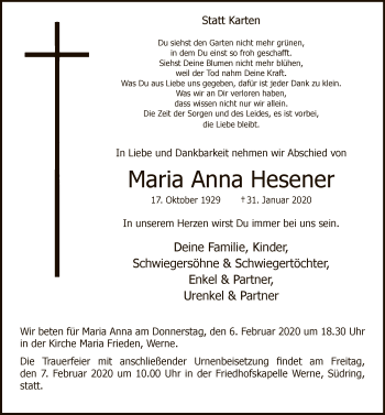Traueranzeige von Maria Anna Hesener von MZV