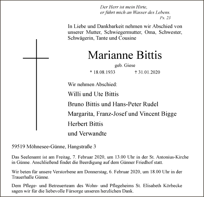  Traueranzeige für Marianne Bittis vom 04.02.2020 aus MZV