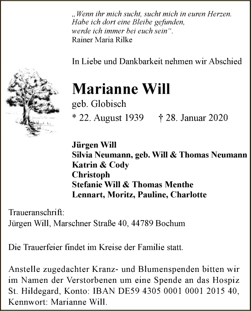  Traueranzeige für Marianne Will vom 01.02.2020 aus MZV