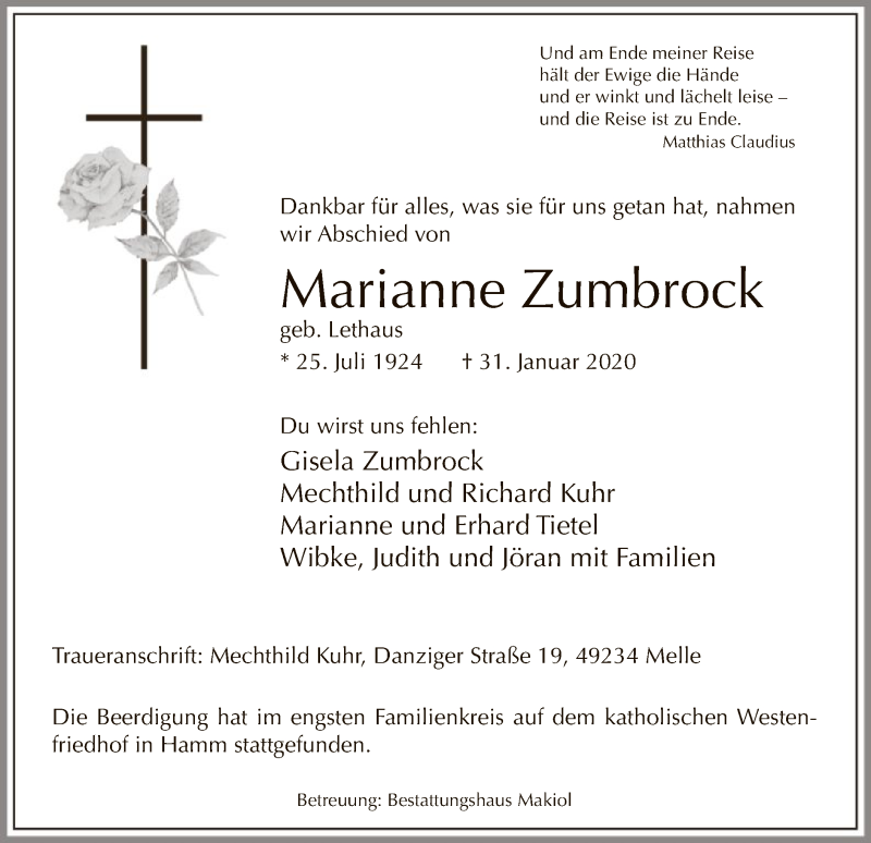  Traueranzeige für Marianne Zumbrock vom 12.02.2020 aus MZV
