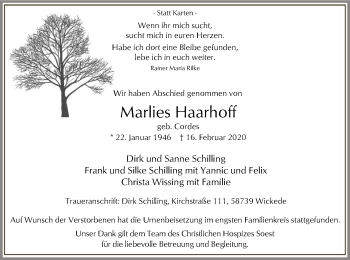 Traueranzeige von Marlies Haarhoff von MZV