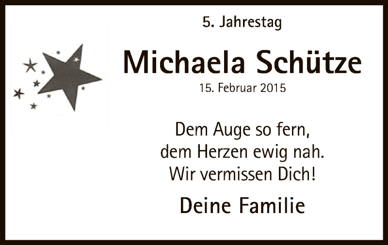  Traueranzeige für Michaela Schütze vom 15.02.2020 aus MZV