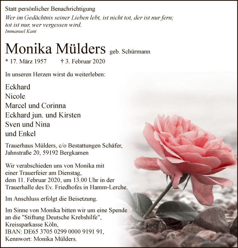  Traueranzeige für Monika Mülders vom 06.02.2020 aus MZV