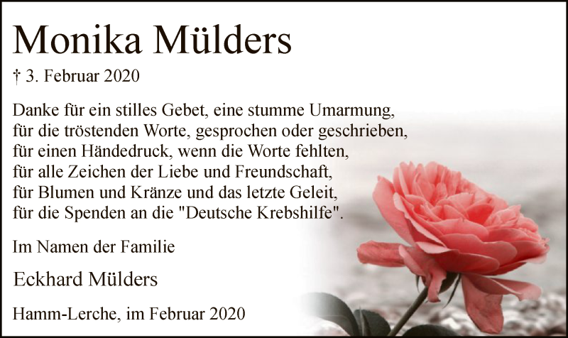  Traueranzeige für Monika Mülders vom 29.02.2020 aus MZV