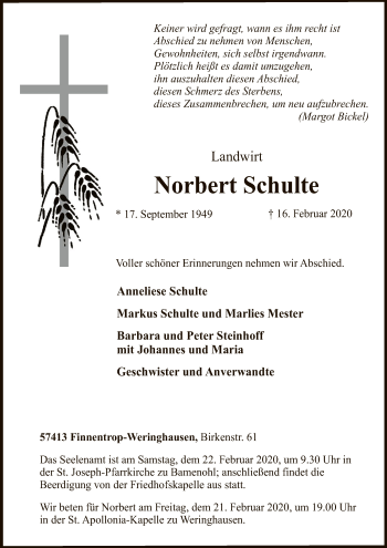 Traueranzeige von Norbert Schulte von MZV