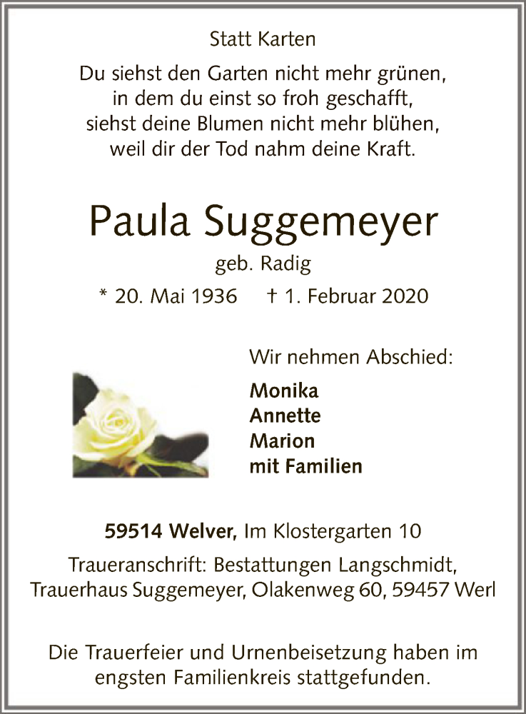  Traueranzeige für Paula Suggemeyer vom 15.02.2020 aus MZV