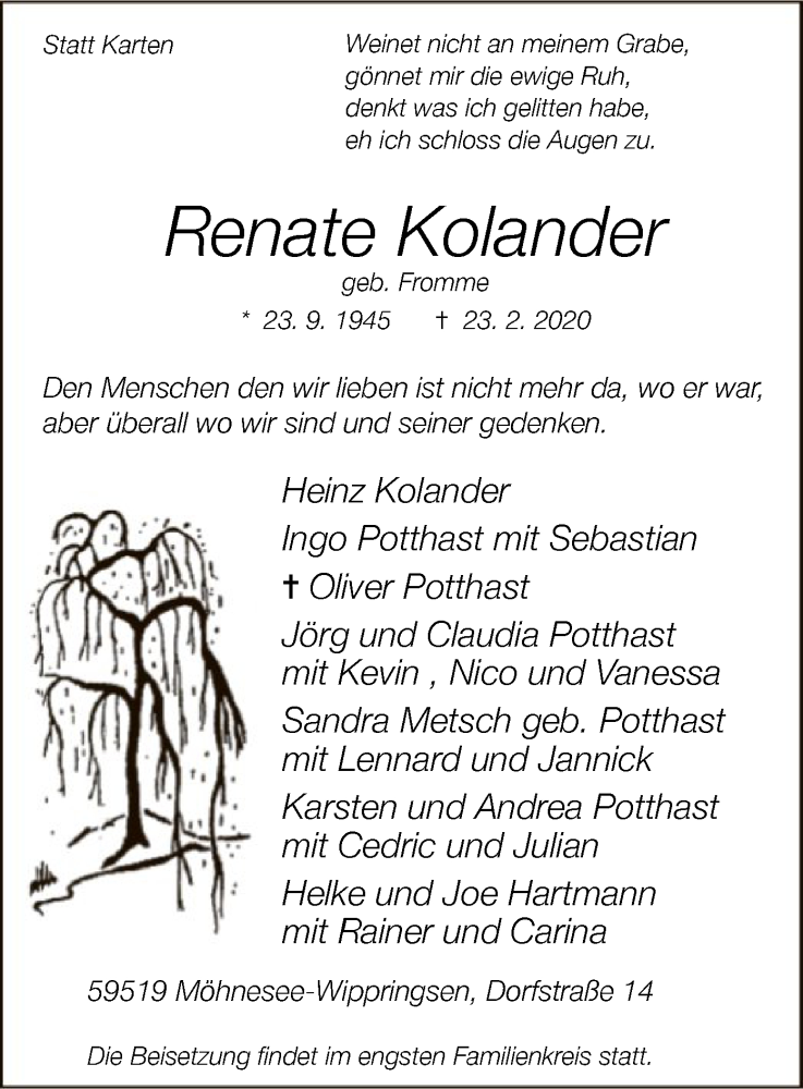  Traueranzeige für Renate Kolander vom 29.02.2020 aus MZV