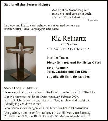 Traueranzeige von Ria Reinartz von MZV