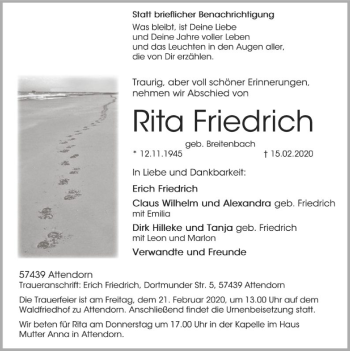 Traueranzeige von Rita Friedrich von MZV