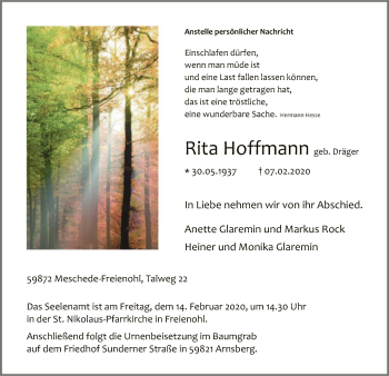 Traueranzeige von Rita Hoffmann von MZV
