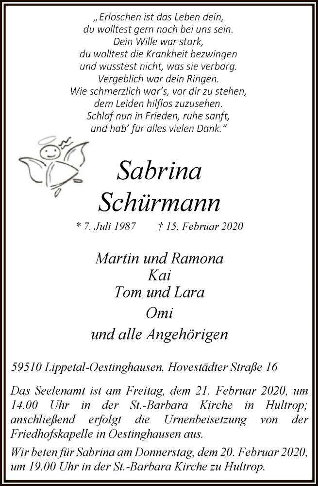  Traueranzeige für Sabrina Schürmann vom 19.02.2020 aus MZV