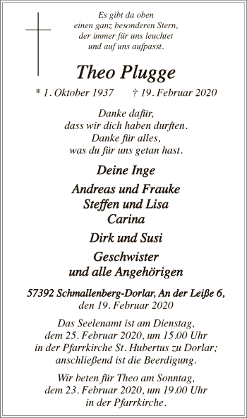 Traueranzeige von Theo Plugge von MZV