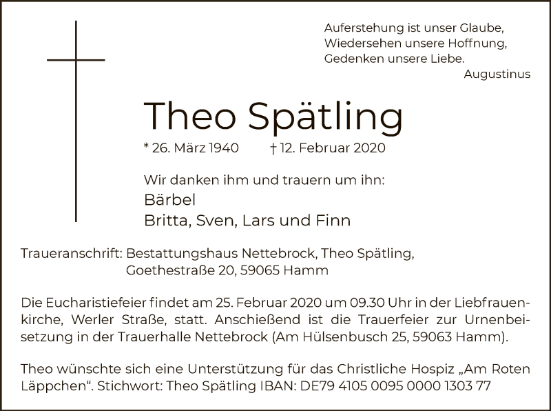  Traueranzeige für Theo Spätling vom 15.02.2020 aus MZV