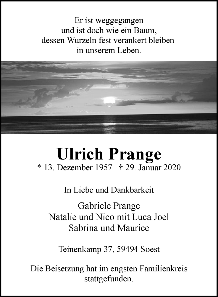  Traueranzeige für Ulrich Prange vom 12.02.2020 aus MZV