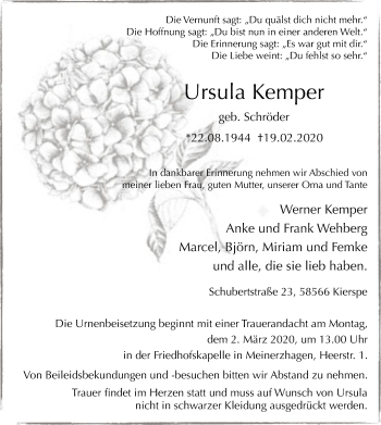 Traueranzeige von Ursula Kemper von MZV