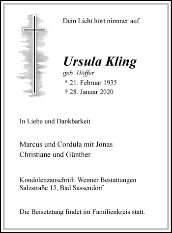 Traueranzeige von Ursula Kling von MZV
