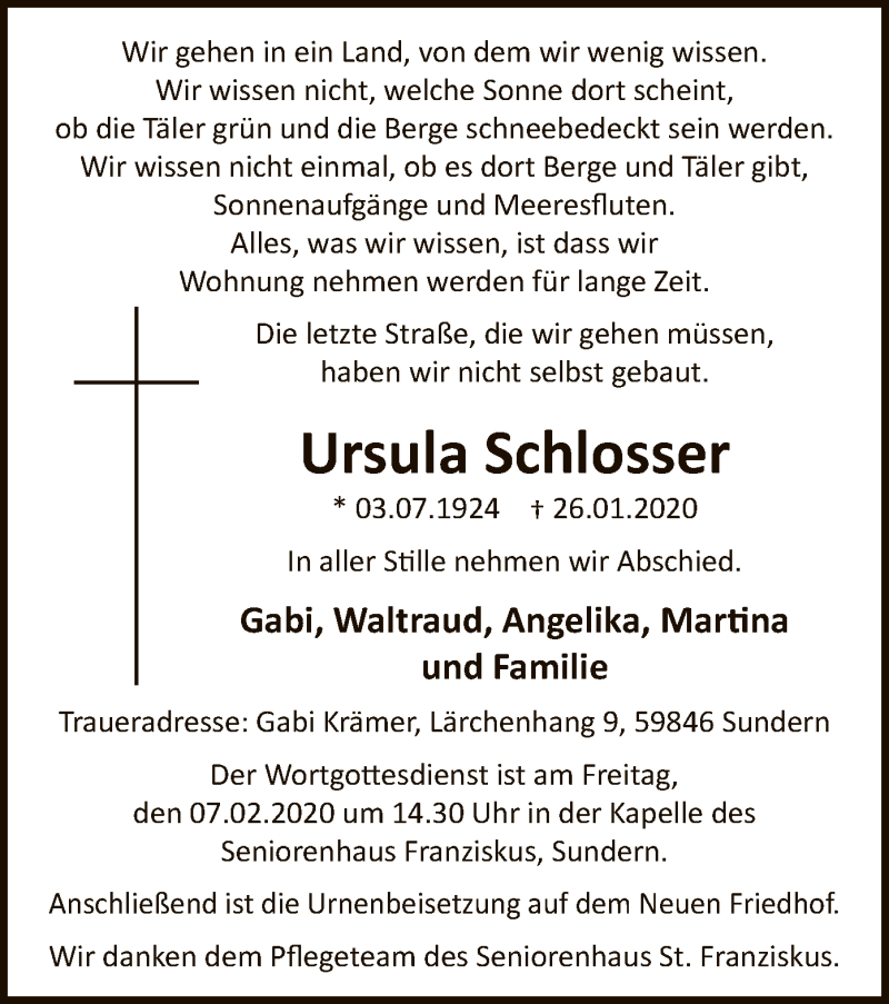  Traueranzeige für Ursula Schlosser vom 01.02.2020 aus MZV