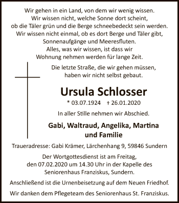 Traueranzeige von Ursula Schlosser von MZV