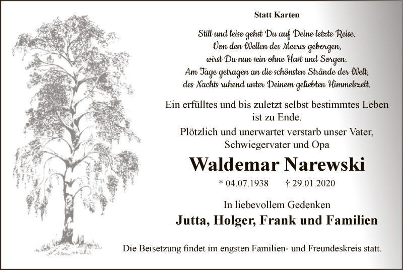  Traueranzeige für Waldemar Narewski vom 08.02.2020 aus MZV