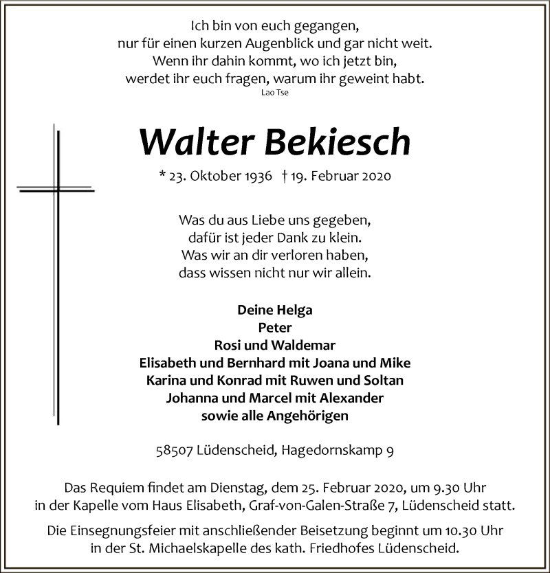  Traueranzeige für Walter Bekiesch vom 22.02.2020 aus MZV