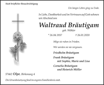 Traueranzeige von Waltraud Bräutigam von MZV