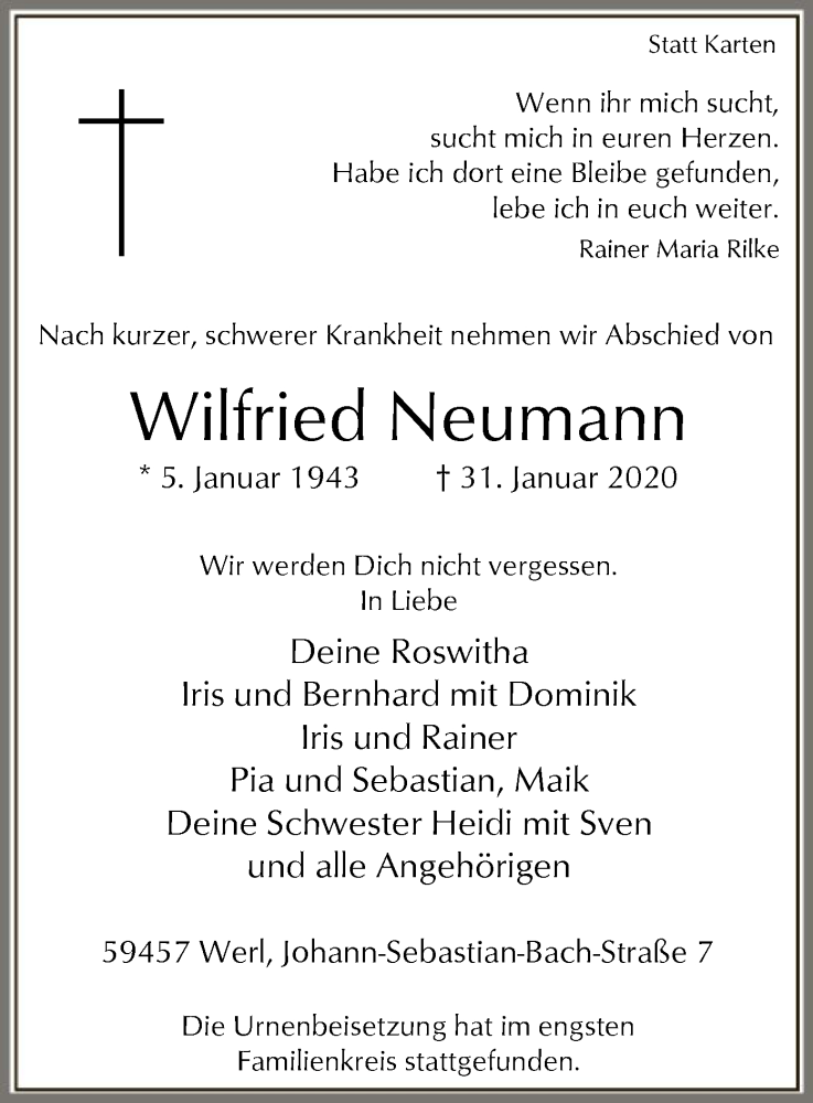  Traueranzeige für Wilfried Neumann vom 11.02.2020 aus MZV