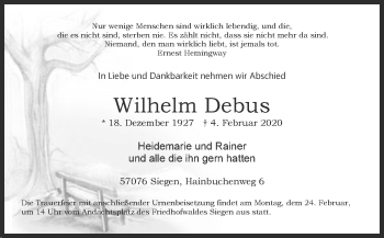 Traueranzeige von Wilhelm Debus von MZV