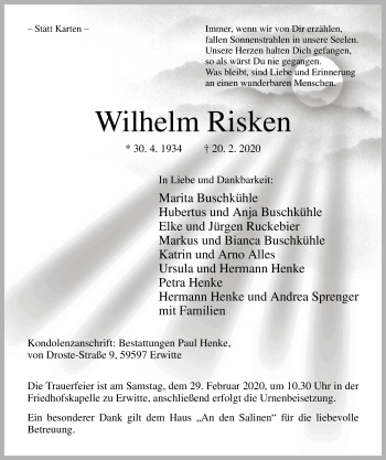 Traueranzeige von Wilhelm Risken von MZV