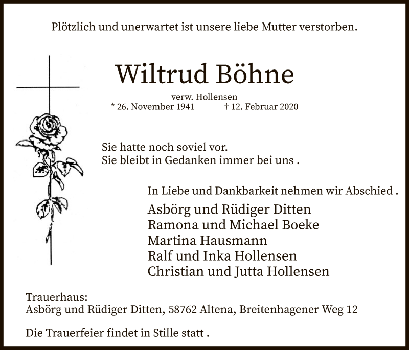  Traueranzeige für Wiltrud Böhne vom 15.02.2020 aus MZV