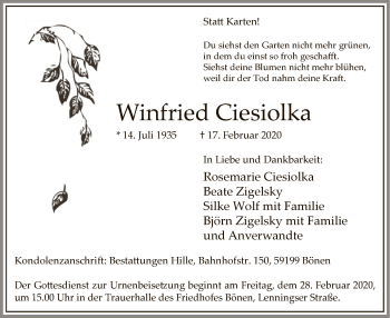Traueranzeige von Winfried Ciesiolka von MZV
