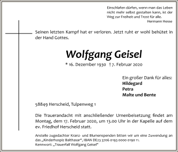 Traueranzeige von Wolfgang Geisel von MZV