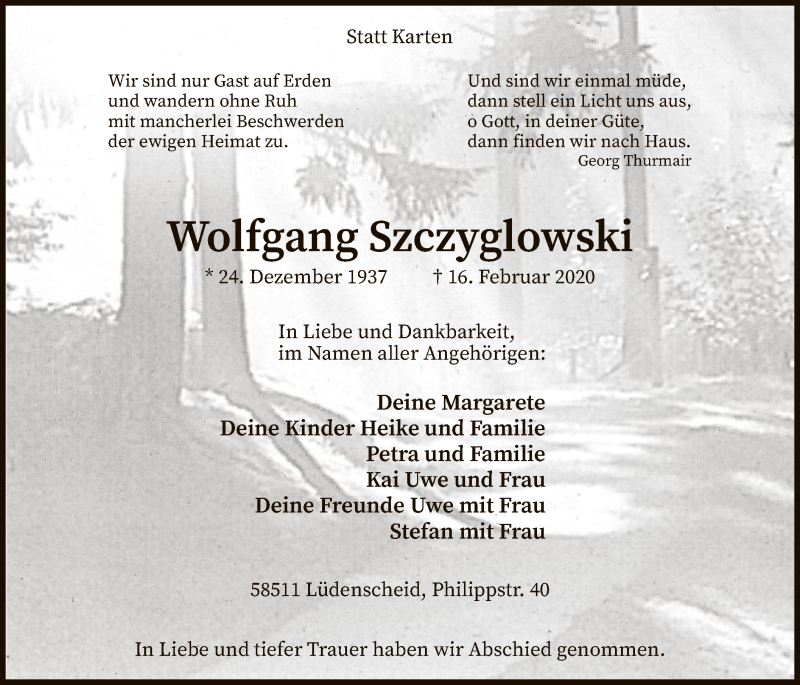  Traueranzeige für Wolfgang Szczyglowski vom 25.02.2020 aus MZV