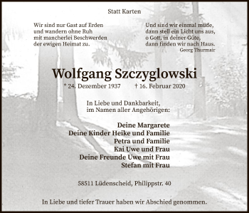 Traueranzeige von Wolfgang Szczyglowski von MZV