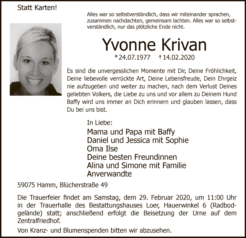  Traueranzeige für Yvonne Krivan vom 22.02.2020 aus MZV