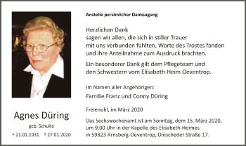 Traueranzeige von Agnes Düring von MZV