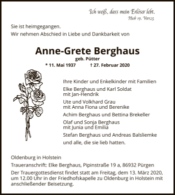 Traueranzeige von Anne-Grete Berghaus von MZV