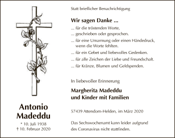 Traueranzeige von Antonio Madeddu von MZV