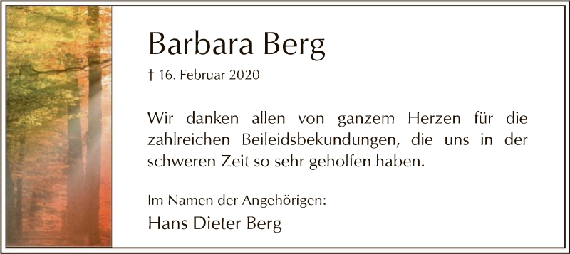  Traueranzeige für Barbara Berg vom 18.03.2020 aus MZV