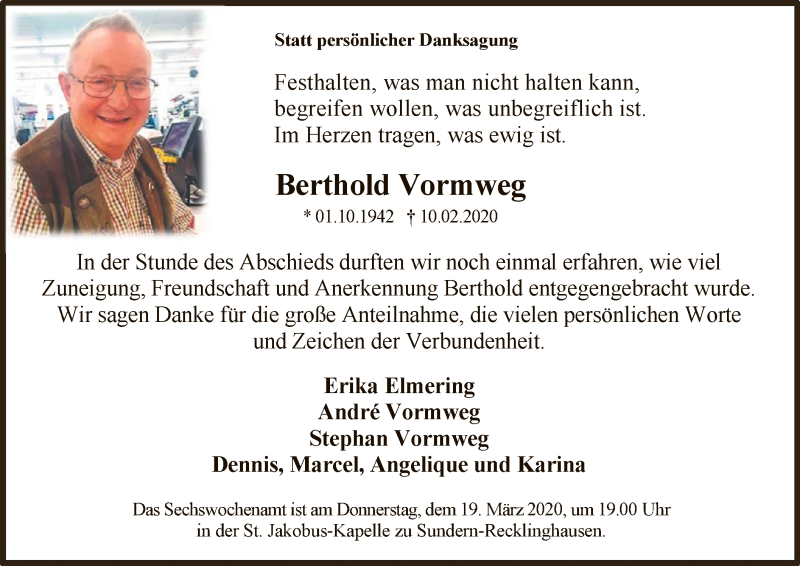  Traueranzeige für Berthold Vormweg vom 14.03.2020 aus MZV