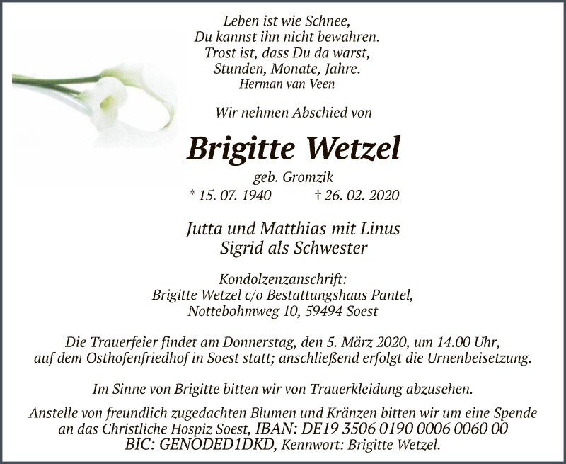  Traueranzeige für Brigitte Wetzel vom 02.03.2020 aus MZV