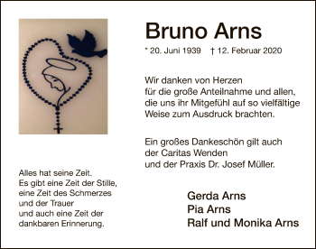 Traueranzeige von Bruno Arns von MZV
