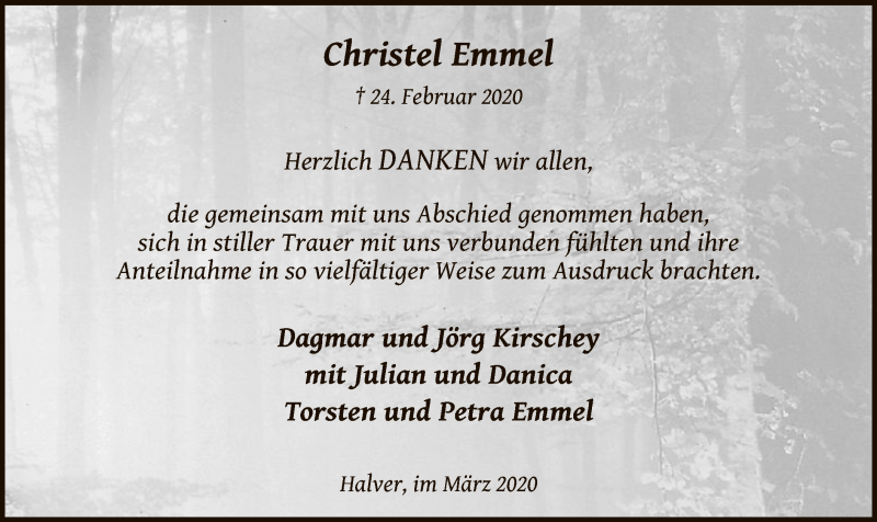  Traueranzeige für Christel Emmel vom 28.03.2020 aus MZV